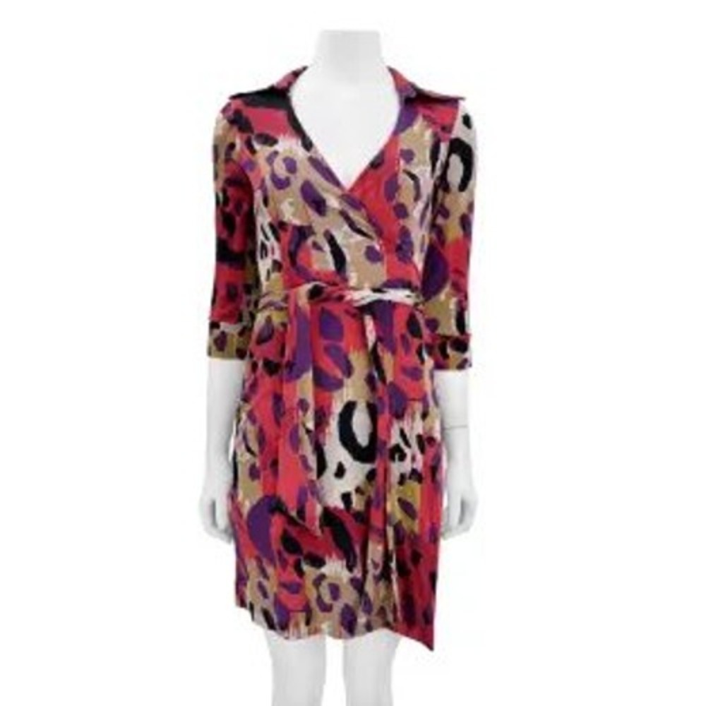 Diane von Furstenberg DVF Wrap Dress Red Purple Animal Print Silk Sz‎ 10